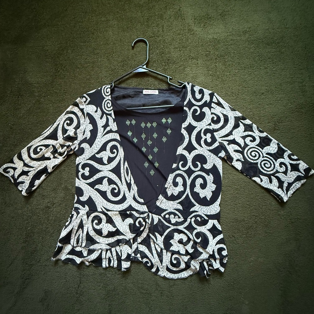 Baroque Scroll Print Kimono Cardigan Open. Front 3/4 Sleeve Boho Chic  Cover Up